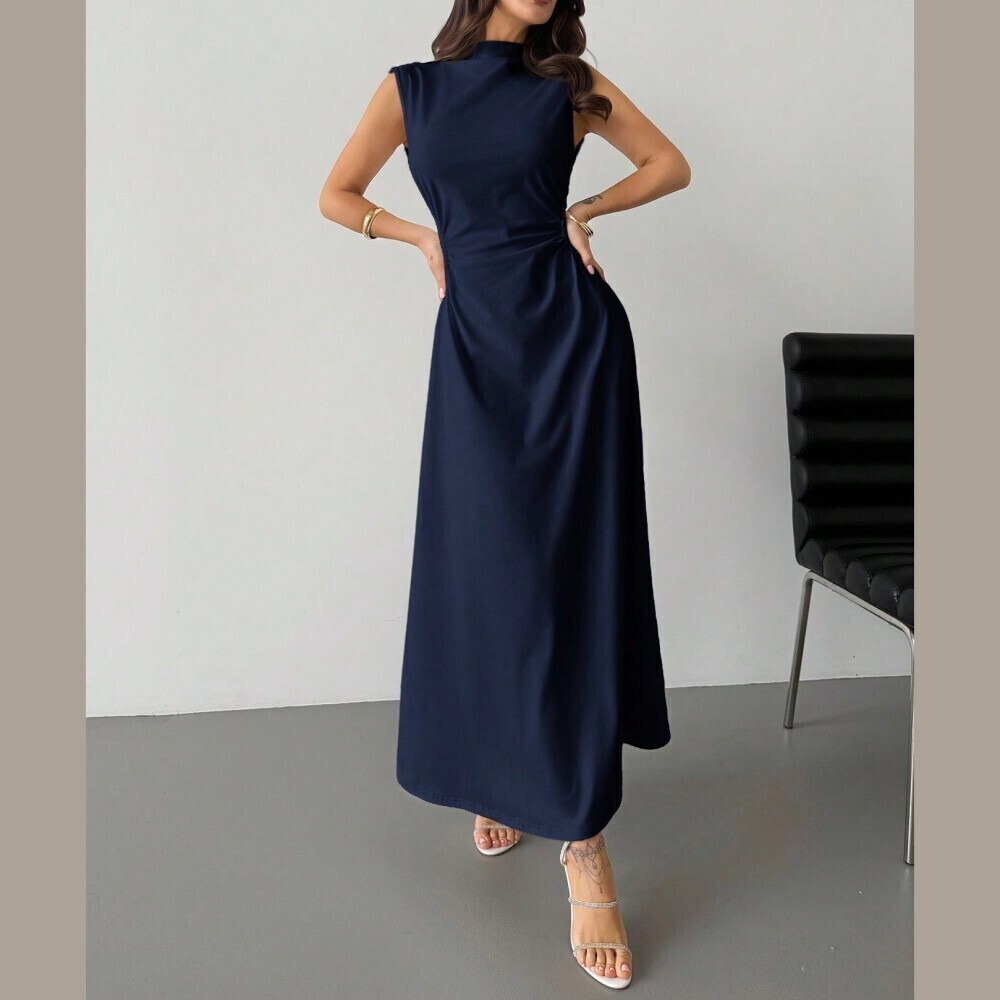 Navy Ruched Waist Mock Neck Collar Sleeveless A-Line Maxi Dress